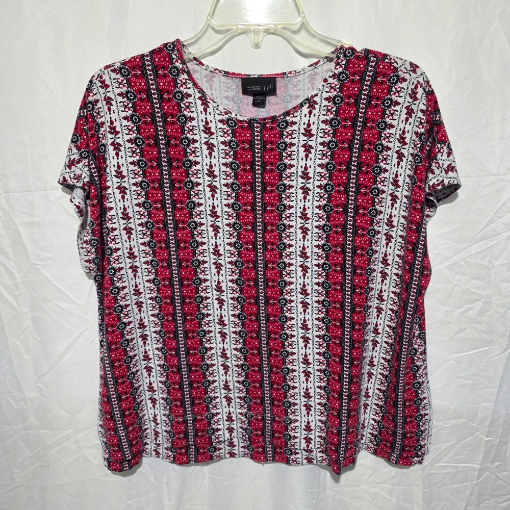 J. Jill Wearever Top Womens Medium Petite Red Geometric Floral Stripe Knit Tee